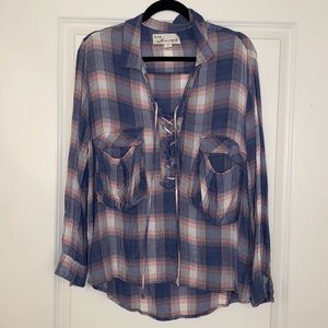 Vintage Havana Soft Lace Front Long Sleeve Plaid Top